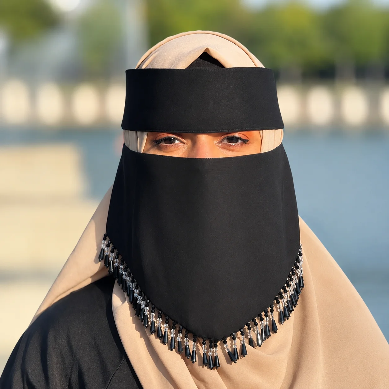 HAYAMIRA Noor Tassel Naqab – Beige & Black - Image 3 - DREAM Attitude